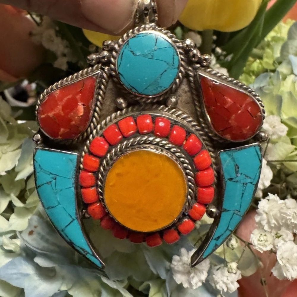Unique & Handcrafted Ethnic Tibetan Silver Pendant With Stones 3”in & 74grams